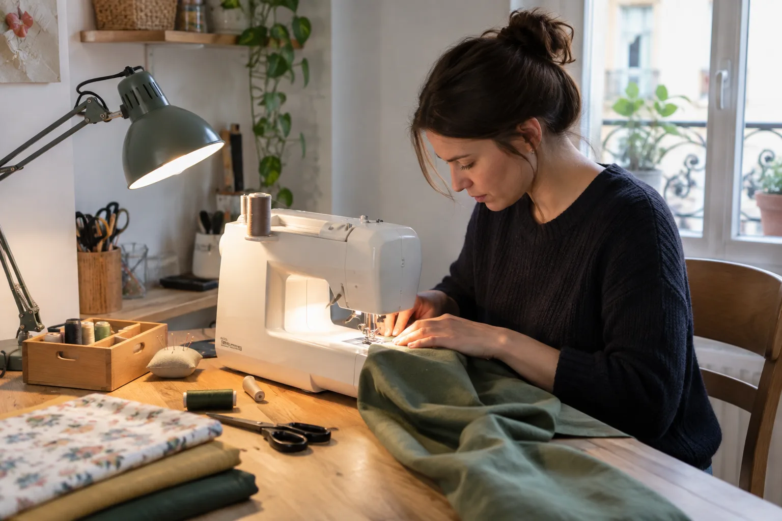 Une personne coud à la machine sous une lampe orientable placée sur le côté de la table.