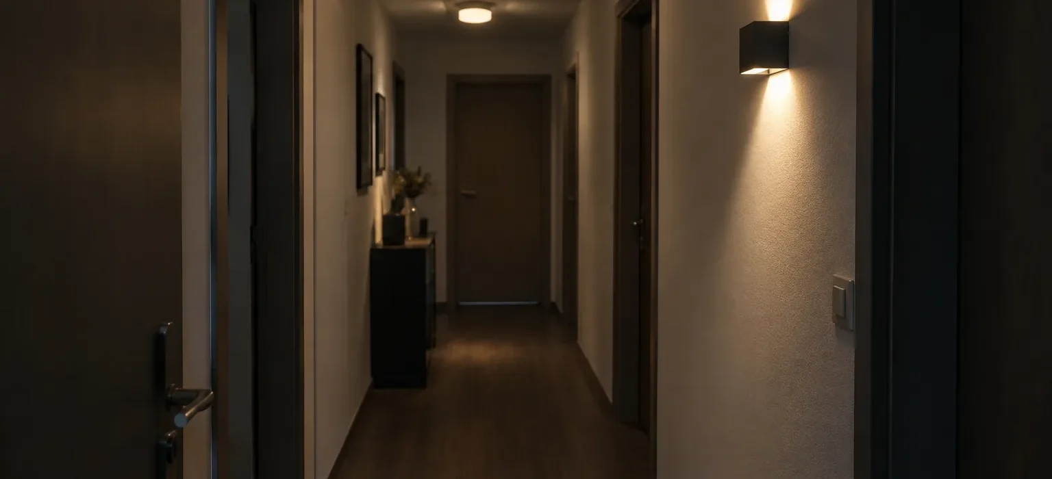 Couloir étroit avec plusieurs plafonniers compacts, une applique murale et un passage dégagé entre les portes.