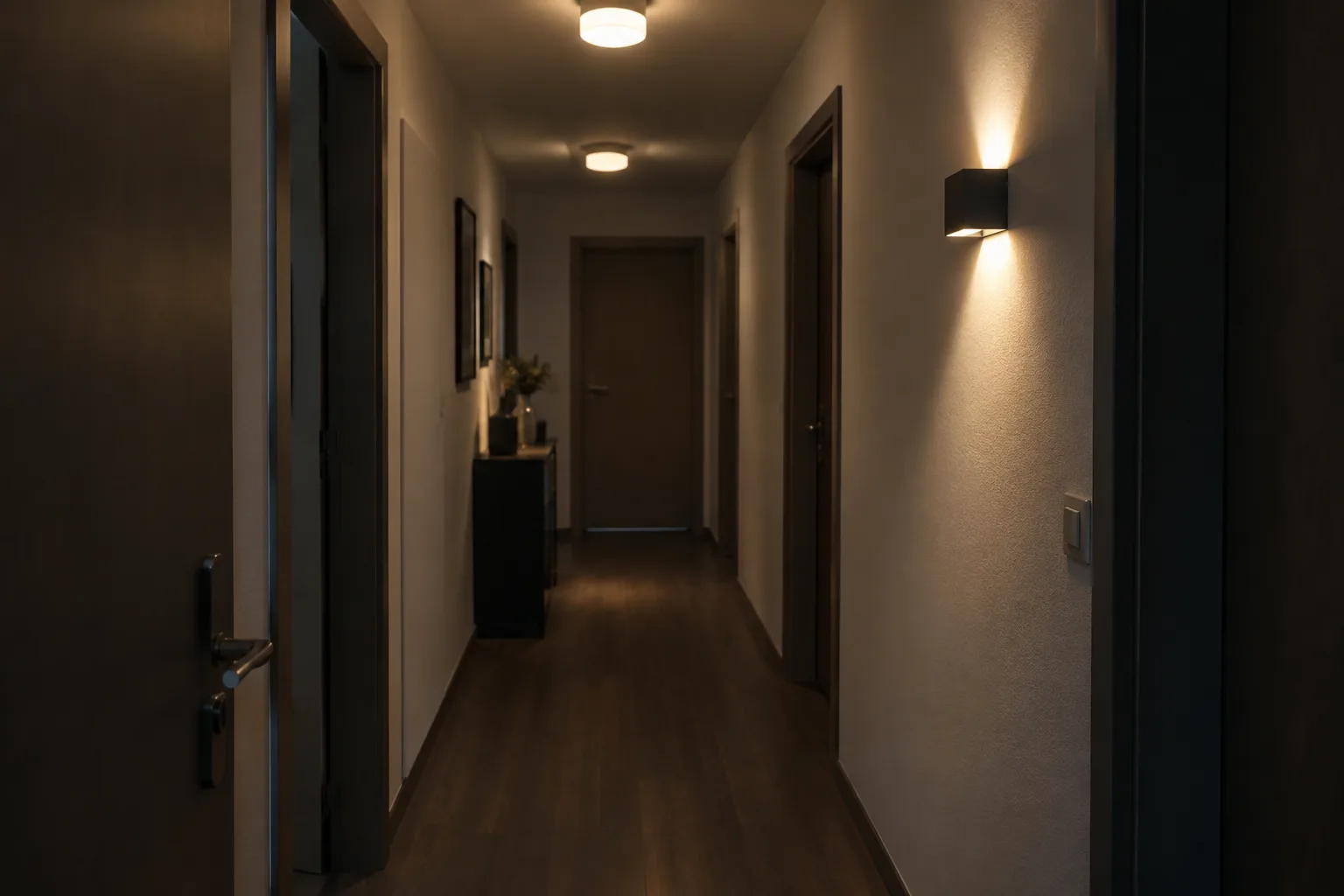 Couloir étroit avec plusieurs plafonniers compacts, une applique murale et un passage dégagé entre les portes.