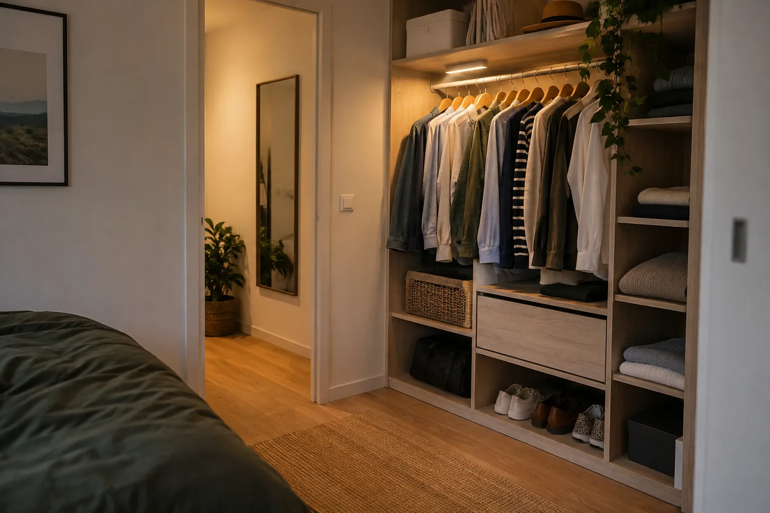 Dressing ouvert avec une lampe rechargeable fixée sous une étagère pour éclairer les vêtements suspendus.