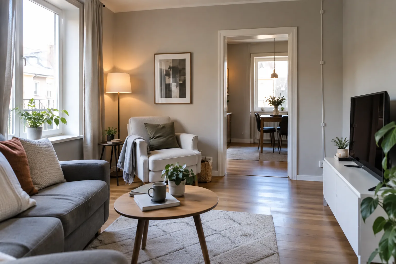 Un fauteuil de lecture près d’une lampe sur pied dans un salon, avec un câble guidé le long du mur.