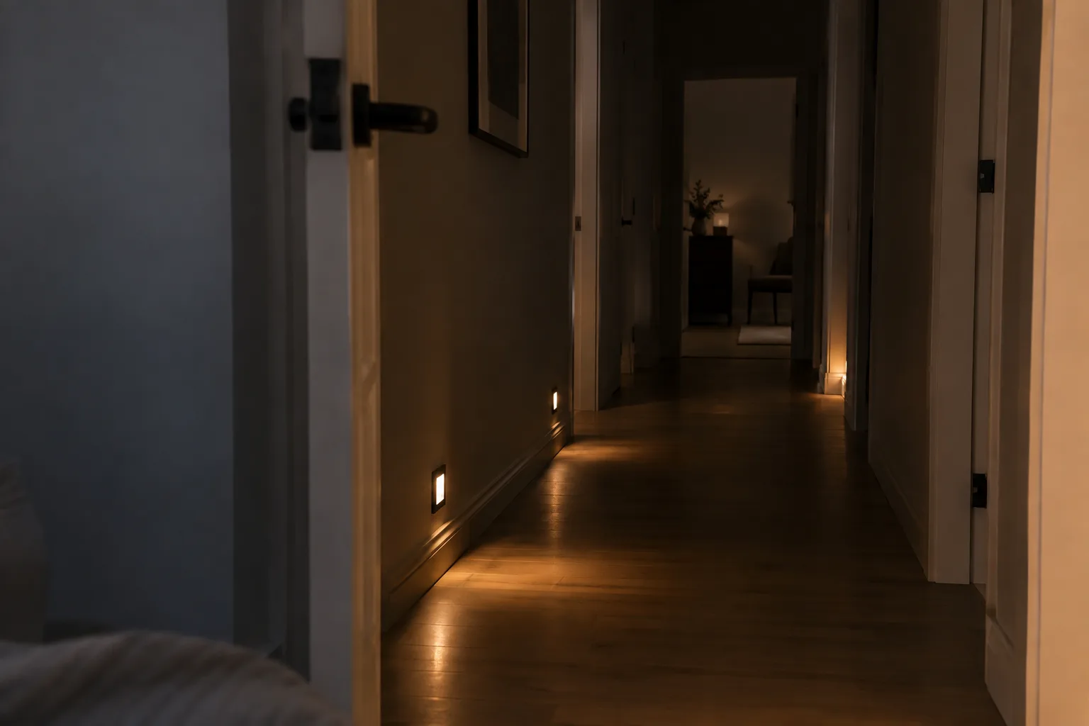 Un couloir sombre vu depuis une porte entrouverte, avec de petites lumières au ras du sol qui éclairent le passage et un seuil.
