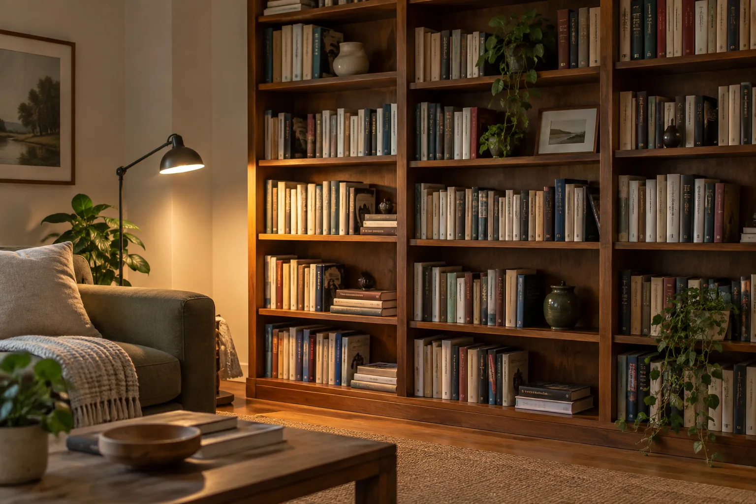Bibliothèque en bois remplie de livres, éclairée sur le côté par une lampe orientable.