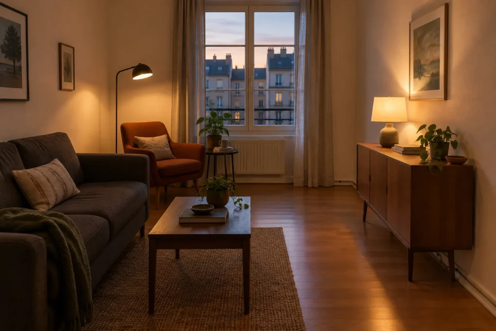 Un lampadaire près d’un fauteuil et une lampe à poser éclairent deux zones d’un séjour sans plafonnier.