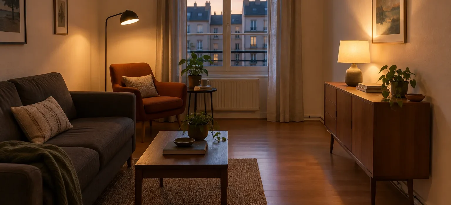 Un lampadaire près d’un fauteuil et une lampe à poser éclairent deux zones d’un séjour sans plafonnier.