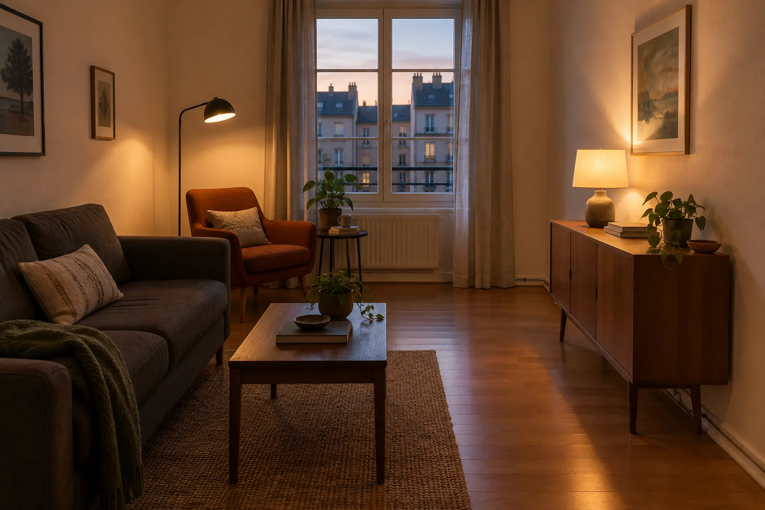 Un lampadaire près d’un fauteuil et une lampe à poser éclairent deux zones d’un séjour sans plafonnier.