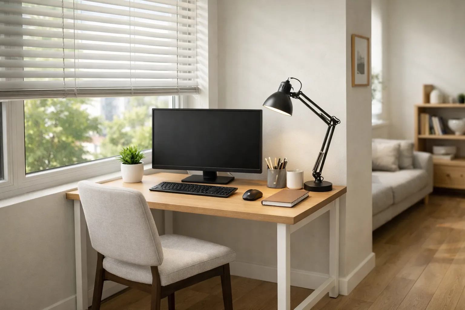Un bureau compact placé perpendiculairement à une fenêtre, avec un écran, un store réglable et une lampe de bureau.
