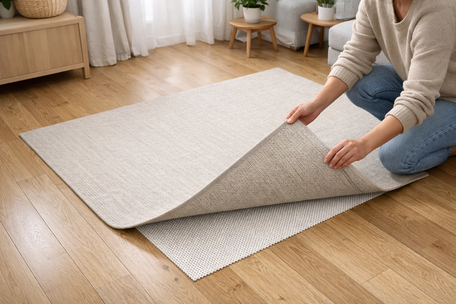 Une personne soulève le coin d’un tapis dans un salon pour placer une sous-couche sur le parquet.