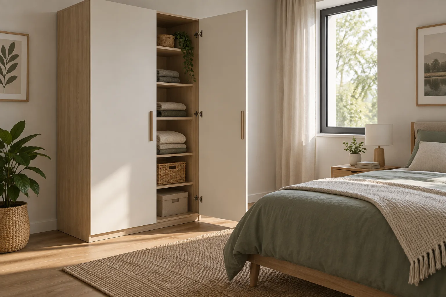Armoire ouverte près d’un lit, avec un vantail battant qui empiète sur l’espace devant le meuble.