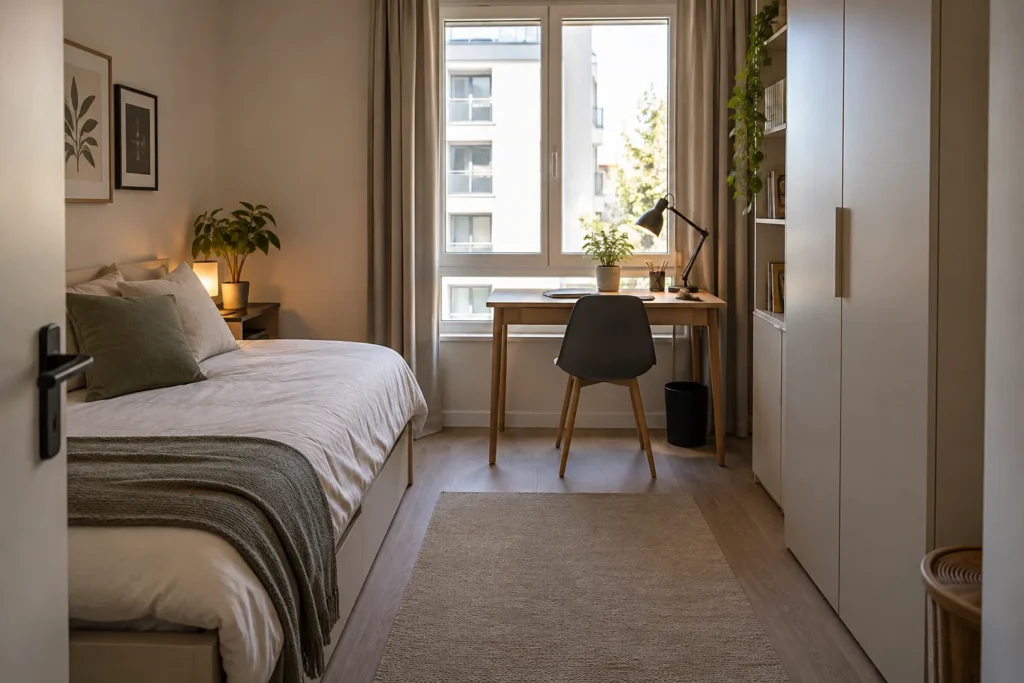 Petite chambre avec un bureau compact près de la fenêtre, une chaise rangée dessous et un passage dégagé vers le lit.