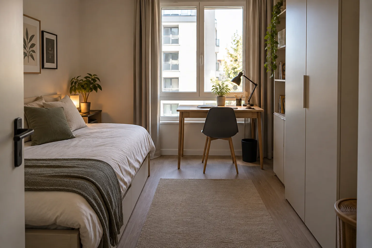 Petite chambre avec un bureau compact près de la fenêtre, une chaise rangée dessous et un passage dégagé vers le lit.