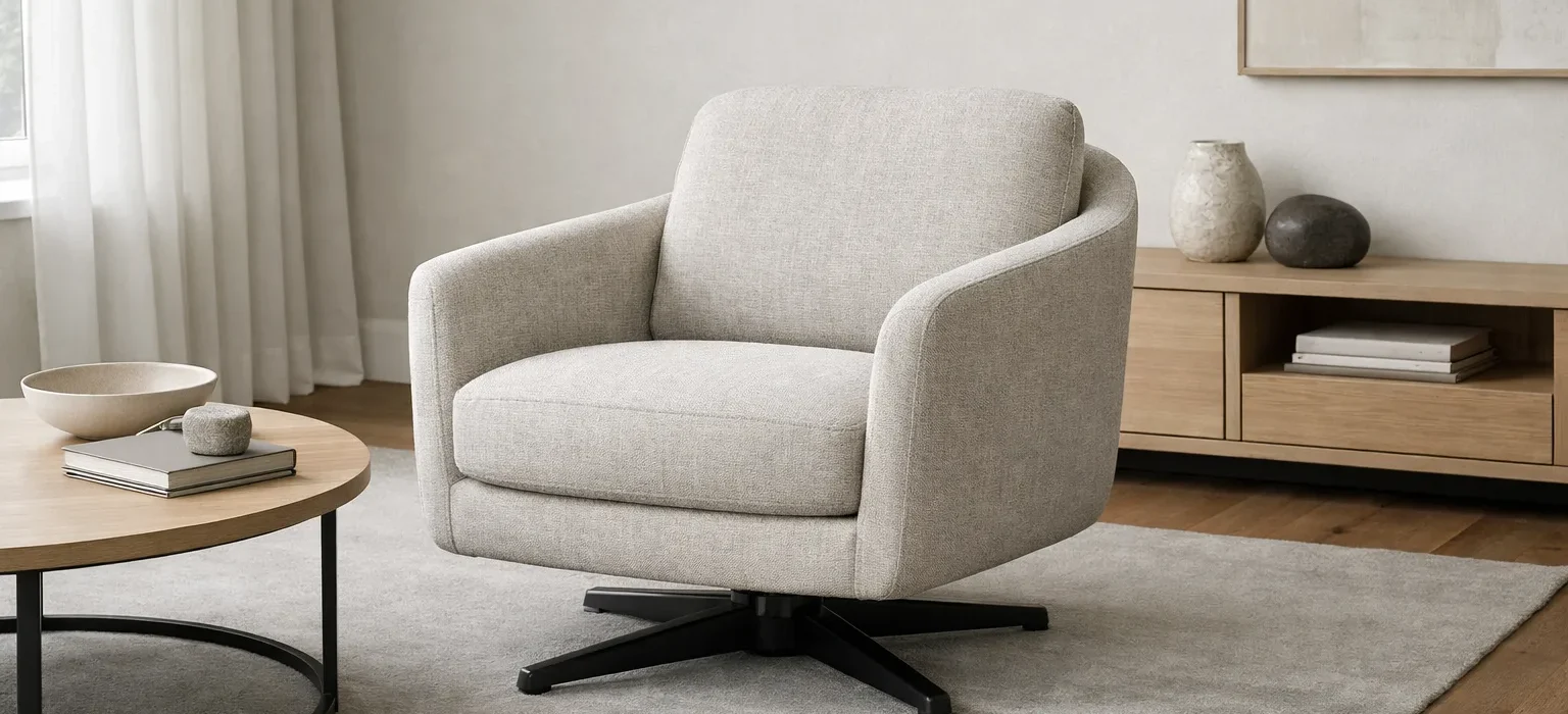 Fauteuil pivotant placé entre une table basse et un meuble dans un séjour.