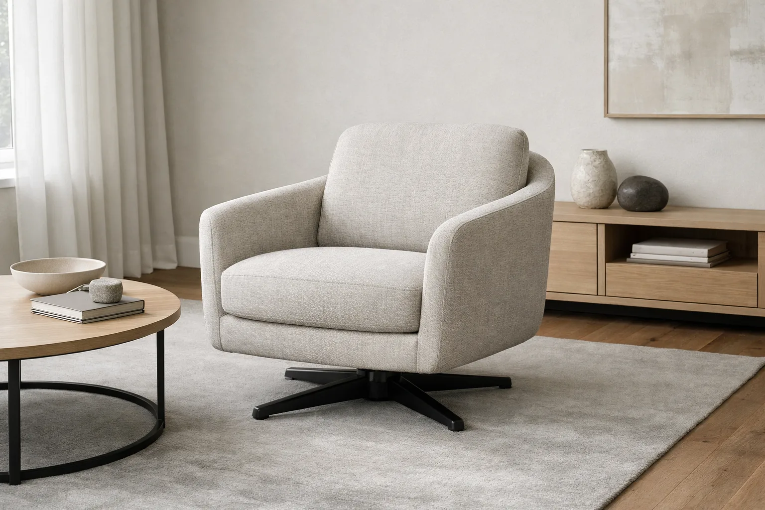 Fauteuil pivotant placé entre une table basse et un meuble dans un séjour.