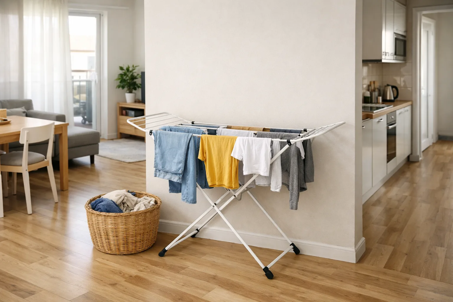 Un étendoir ouvert avec quelques vêtements est installé contre un mur, à côté d’un panier, en laissant libre le passage vers une fenêtre.