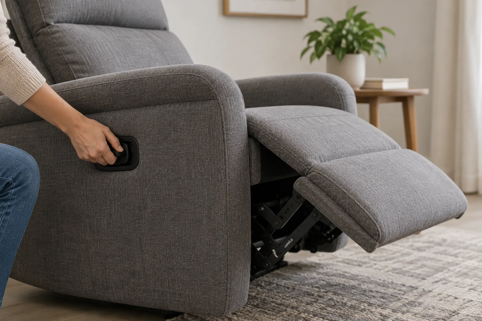 Le dossier et le repose-jambes d’un fauteuil inclinable sont partiellement déployés.