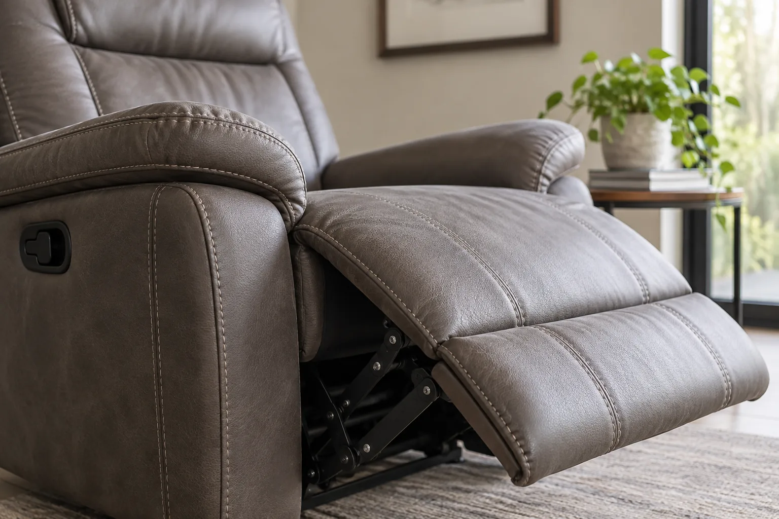 Détail du revêtement et des coutures près d’une articulation de fauteuil inclinable.