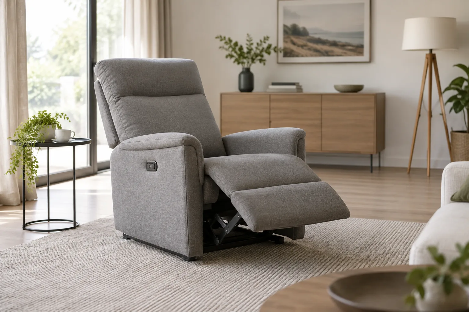 Fauteuil inclinable déployé dans un séjour, avec un passage dégagé autour.