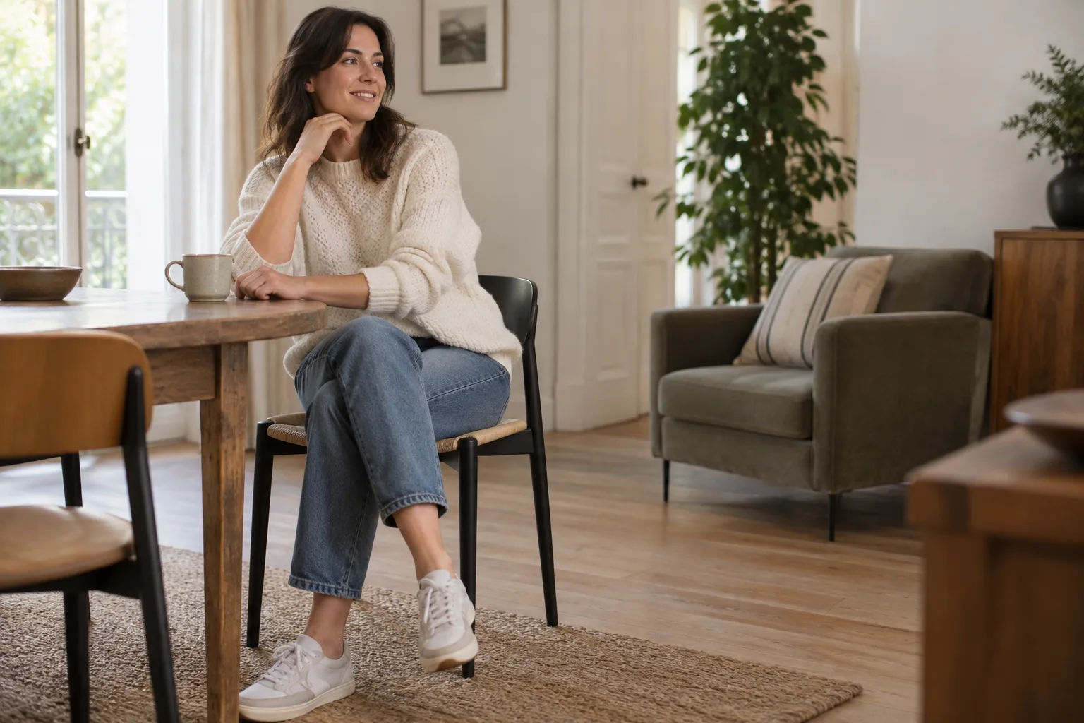 Personne assise sur une chaise près d’une table, les pieds posés au sol et les jambes dans une position naturelle.
