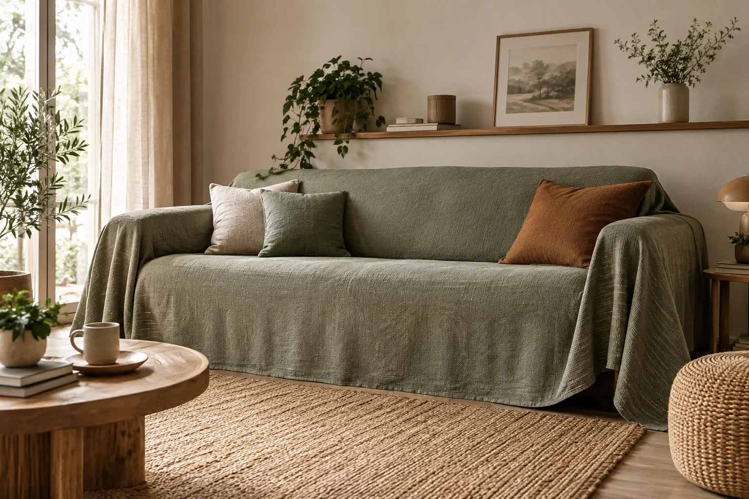 Canapé recouvert d’une housse en tissu beige texturé, accompagné de coussins et posé devant un tapis clair dans un salon lumineux.