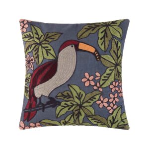 Housse de coussin Madura en coton brodée d’un toucan bleuté