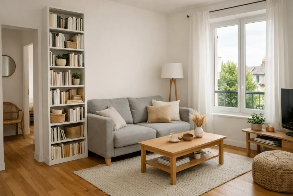 Bibliothèque ouverte contre un mur de petit séjour, à côté d’un canapé et d’une fenêtre dégagée.