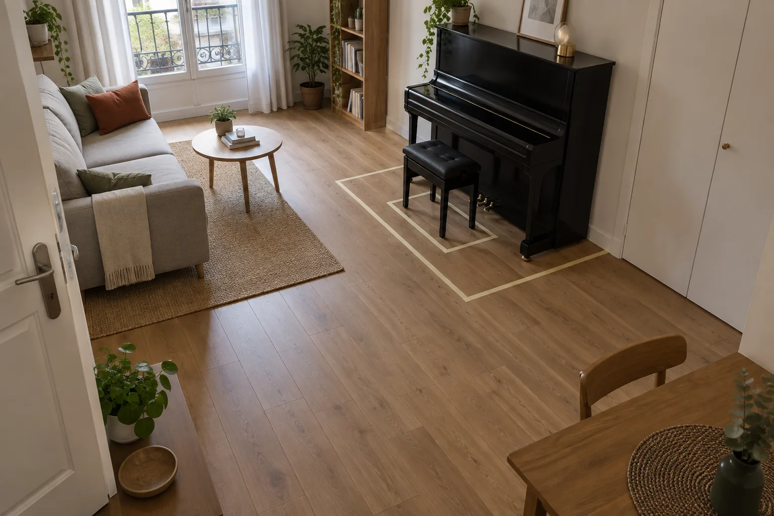 Du ruban de masquage dessine au sol l’emplacement d’un piano et de sa banquette dans un séjour, à côté des trajets de passage.