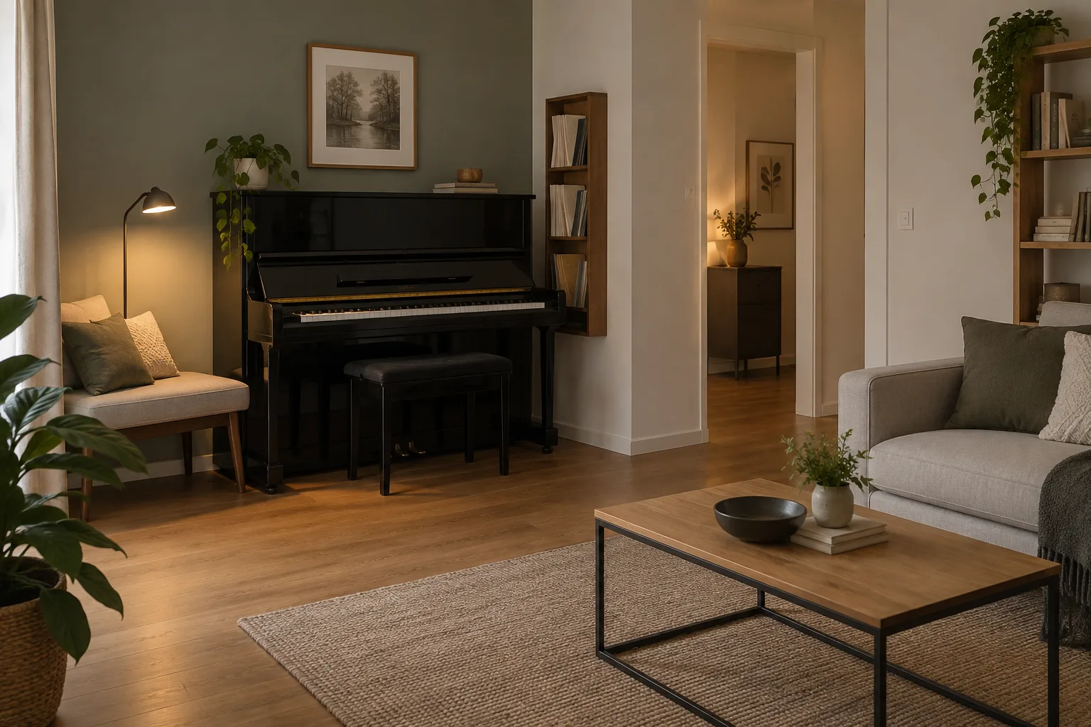 Un piano droit, une lampe et un rangement étroit pour partitions partagent un petit séjour sans encombrer le passage.