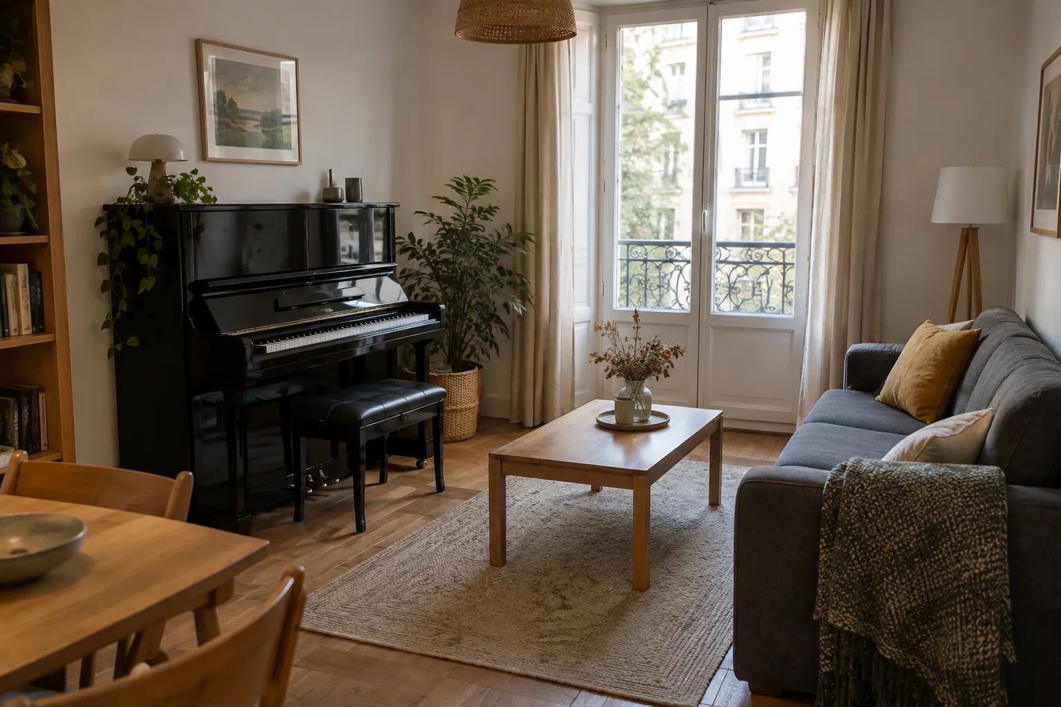 Un piano droit et sa banquette sont installés contre un mur d’un petit séjour, avec un passage dégagé vers la fenêtre.