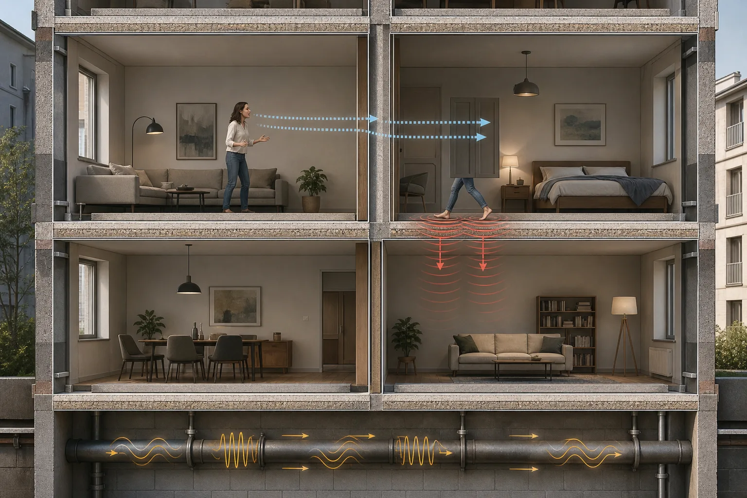 Vue en coupe de deux appartements montrant la transmission de voix, de pas et de vibrations par différentes parties du bâtiment.