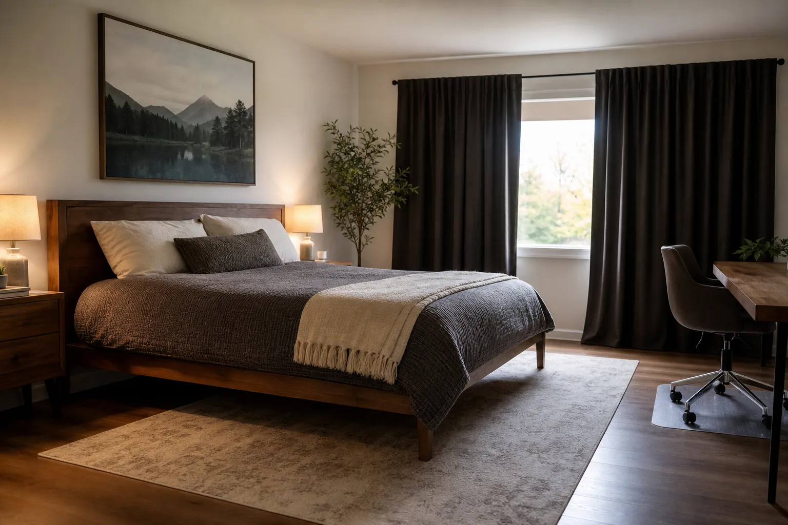 Chambre aménagée avec un tapis, des rideaux et un lit éloigné du mur mitoyen.