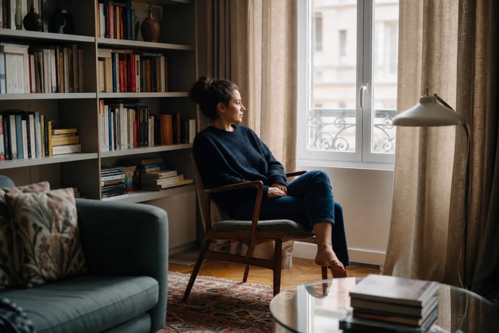 Personne assise dans un salon près d’une fenêtre, attentive aux sons venant de l’extérieur.