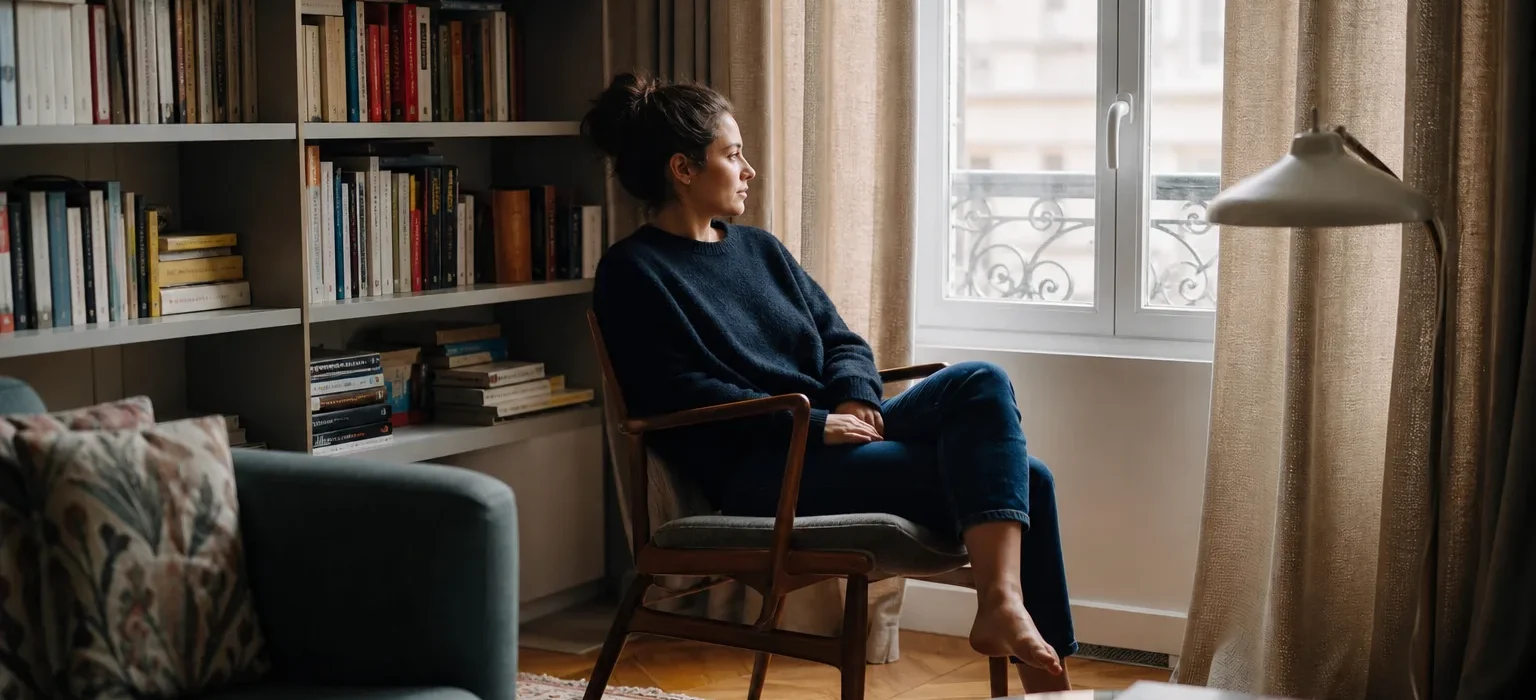 Personne assise dans un salon près d’une fenêtre, attentive aux sons venant de l’extérieur.