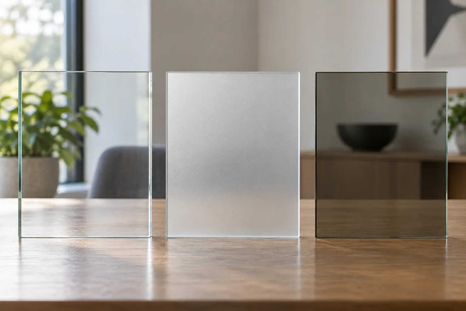 Échantillons de verre clair, dépoli et teinté posés côte à côte devant un fond intérieur.