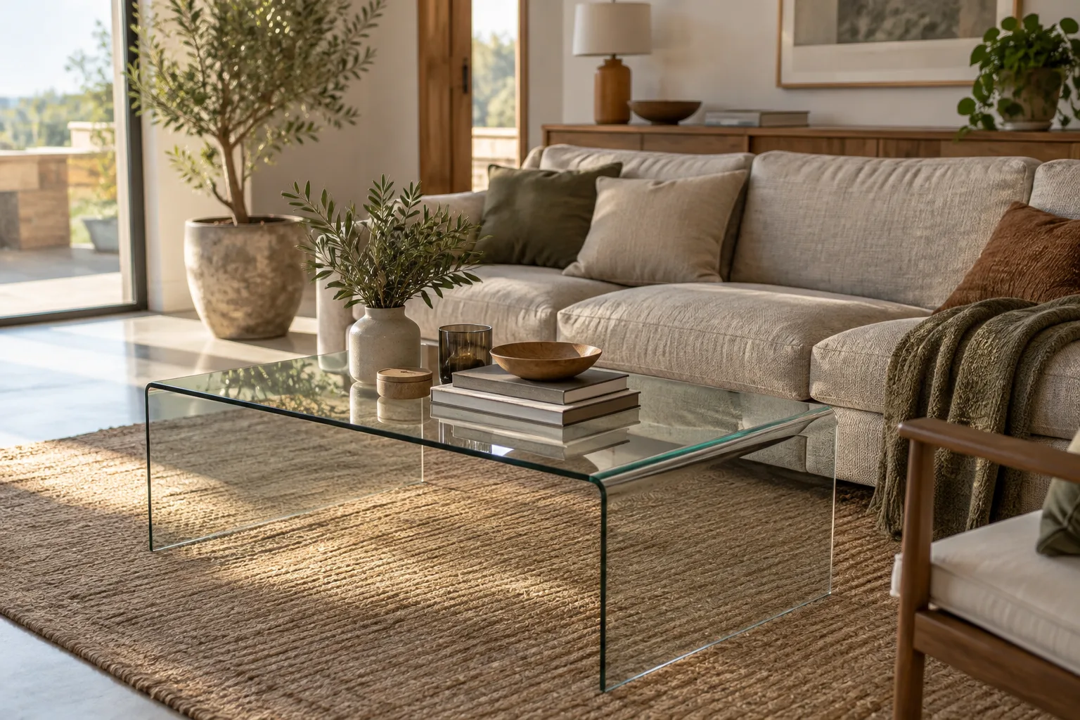 Table basse en verre transparent devant un canapé en tissu, sur un tapis clair dans un séjour.