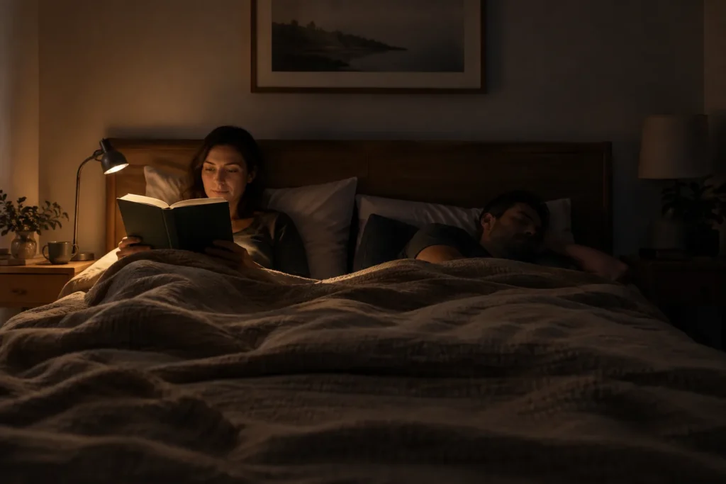 Une personne lit un livre au lit sous une lampe orientable, tandis que l’autre côté reste dans la pénombre.