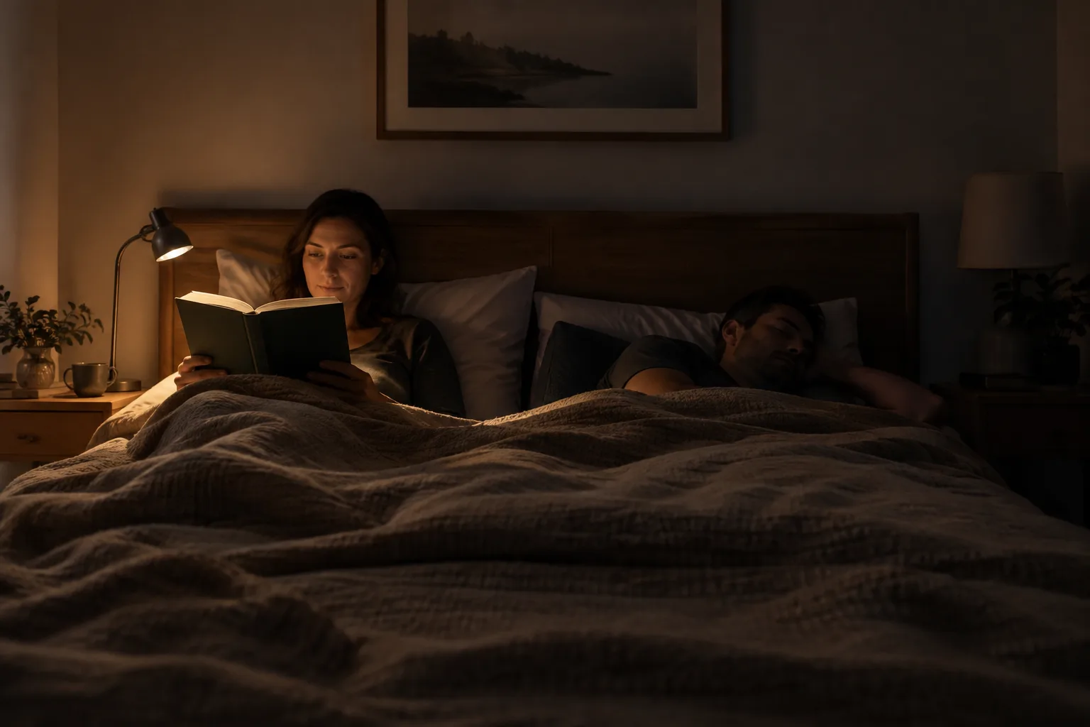 Une personne lit un livre au lit sous une lampe orientable, tandis que l’autre côté reste dans la pénombre.
