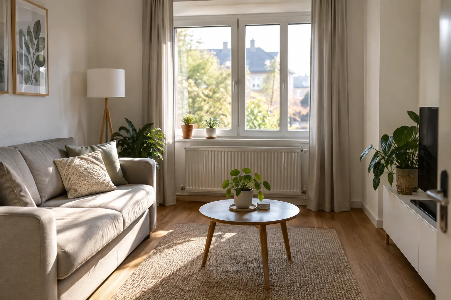 Radiateur installé sous une fenêtre, avec des rideaux écartés et un canapé placé sur le côté, laissant la zone accessible.