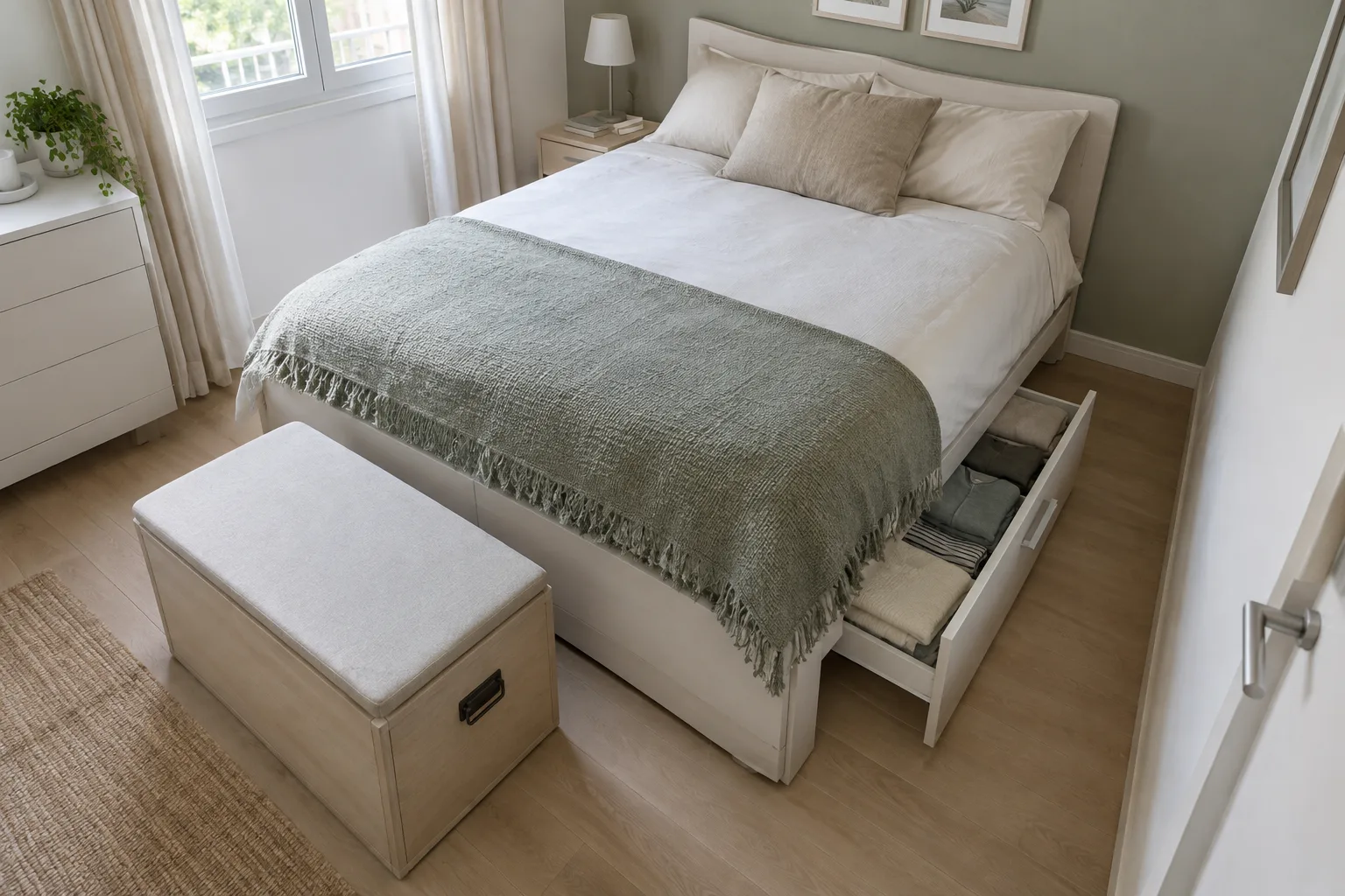Un tiroir de lit entrouvert laisse voir du linge plié, avec un passage dégagé le long du couchage.
