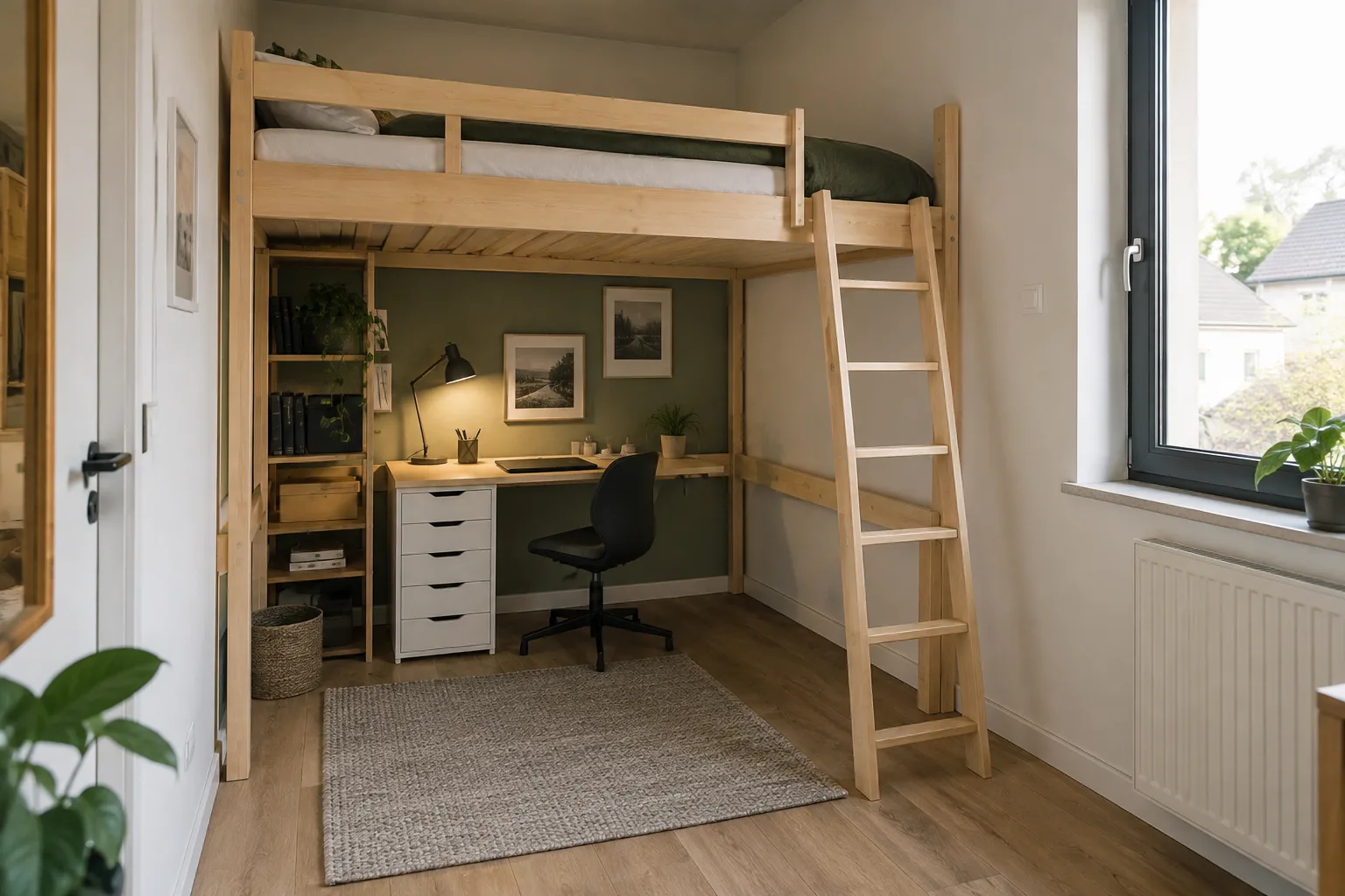 Lit mezzanine en bois clair au-dessus d’un bureau dans une petite chambre, avec l’échelle et le passage dégagés.