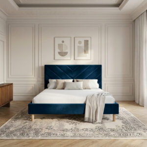 Lit Bobochic Romane en velours bleu foncé avec tête de lit piquée