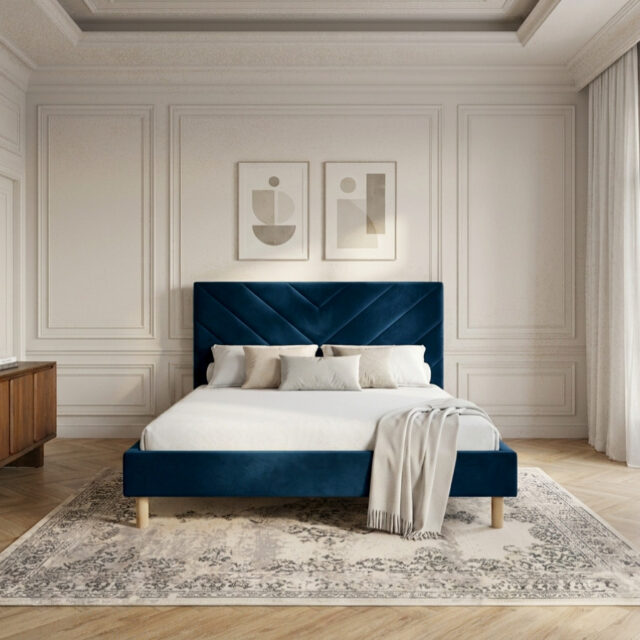 Lit Bobochic Romane en velours bleu foncé avec tête de lit piquée