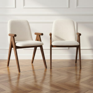 Chaises Bobochic Pagnol en tissu bouclette marron foncé et placage chêne