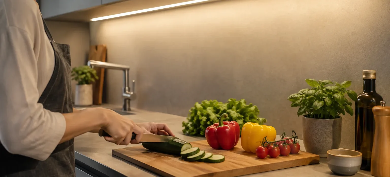 Une personne prépare des légumes sur un plan de travail éclairé par une réglette placée sous les meubles hauts.