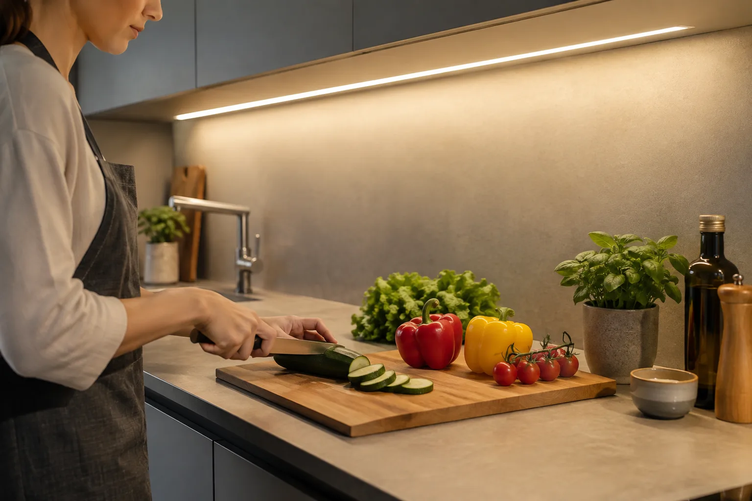 Une personne prépare des légumes sur un plan de travail éclairé par une réglette placée sous les meubles hauts.