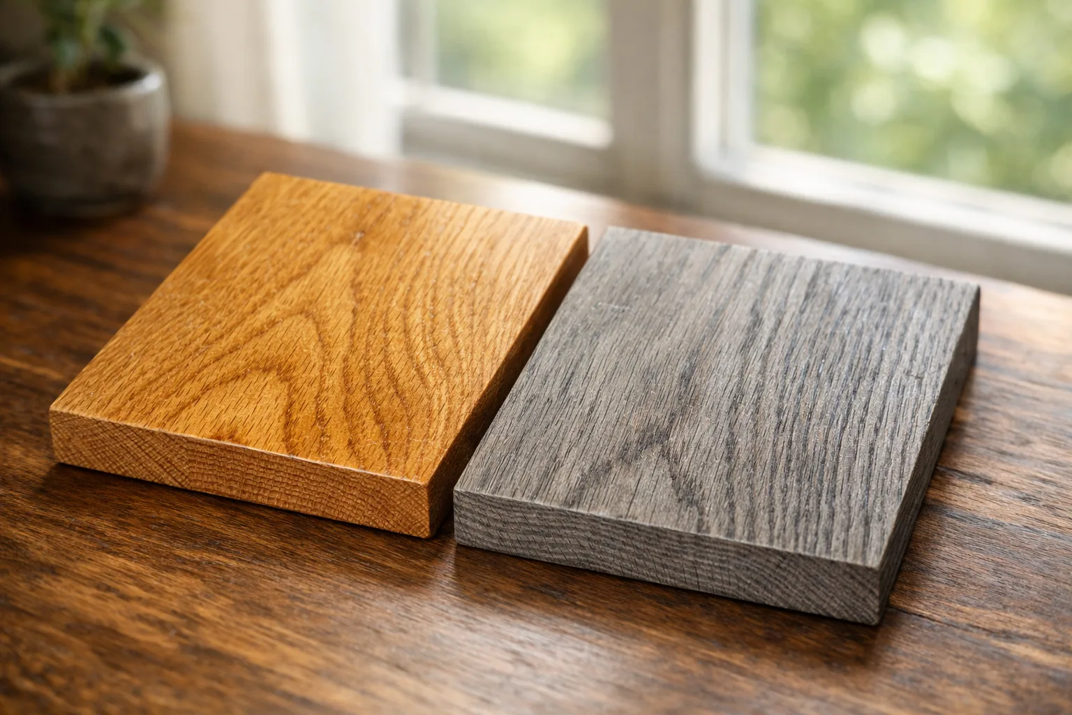 Deux échantillons de bois, l’un doré et l’autre grisé, sont comparés près d’une fenêtre.