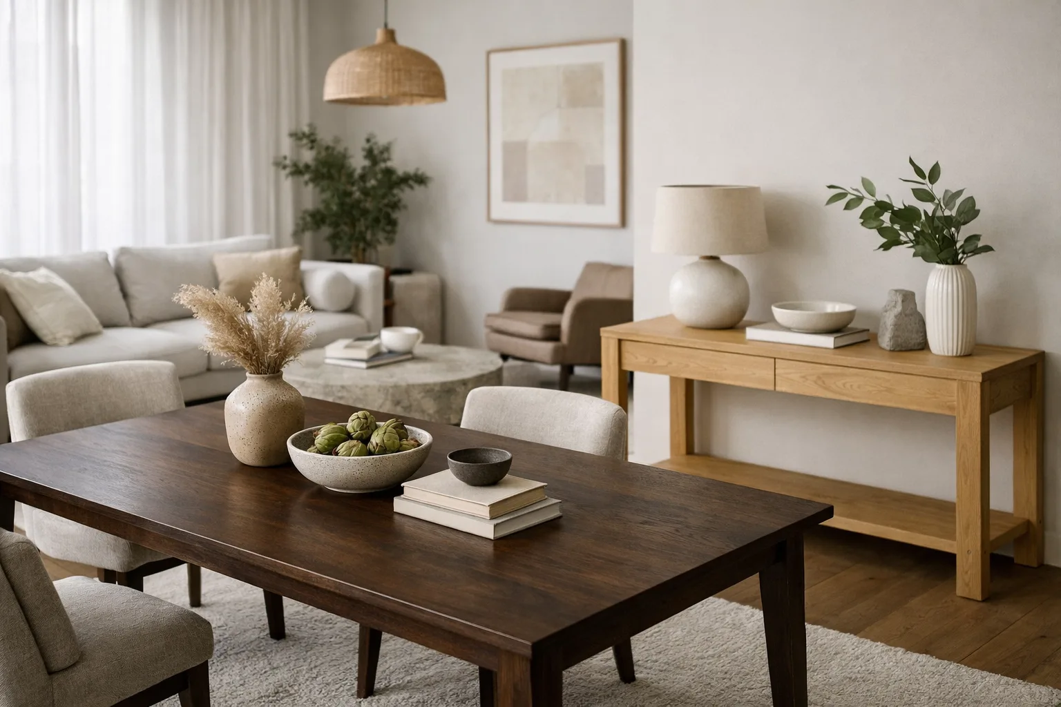 Une table basse foncée et une console en bois clair se côtoient dans un séjour aux murs pâles.