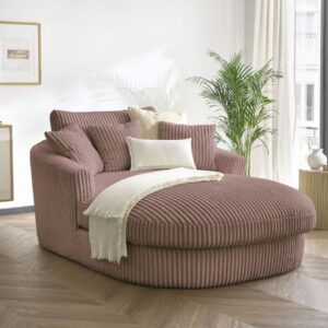 Méridienne BOBOCHIC BELEM rose en velours côtelé, avec coussins et pieds triangulaires
