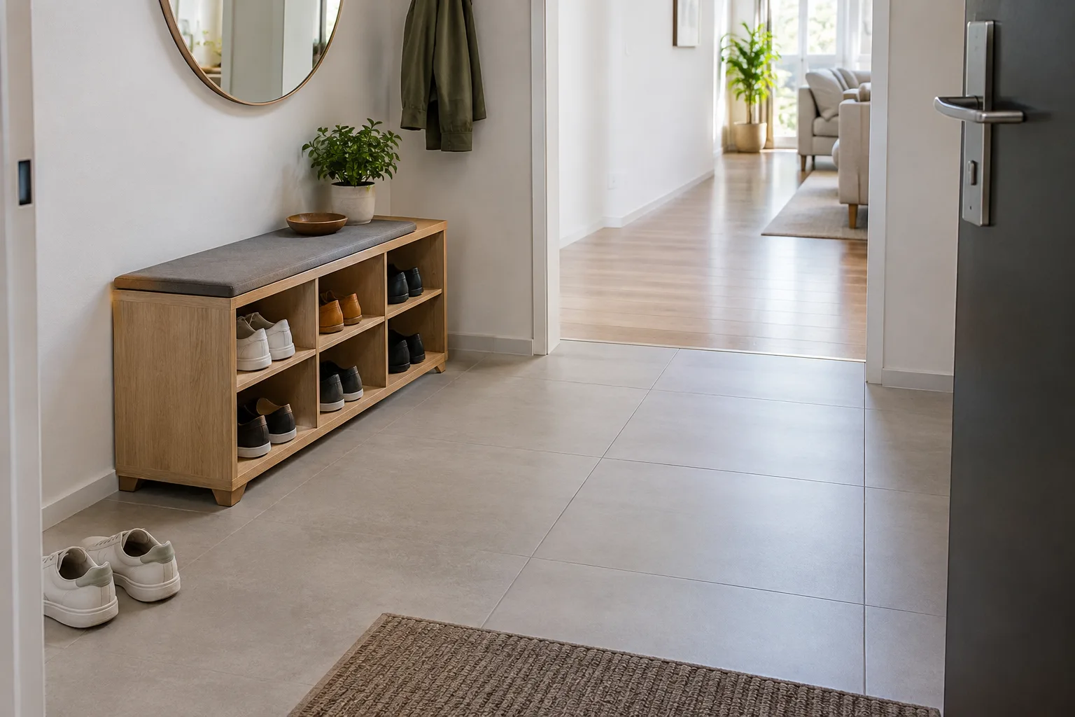 Meuble à chaussures bas dans une entrée, avec des paires rangées dans les compartiments et un passage dégagé devant.