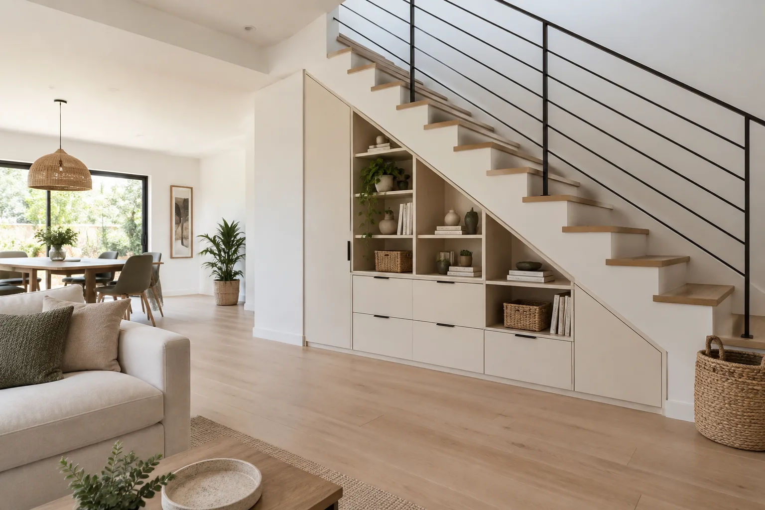 Rangement bas composé de tiroirs et de niches aménagé sous la pente d’un escalier dans un séjour.