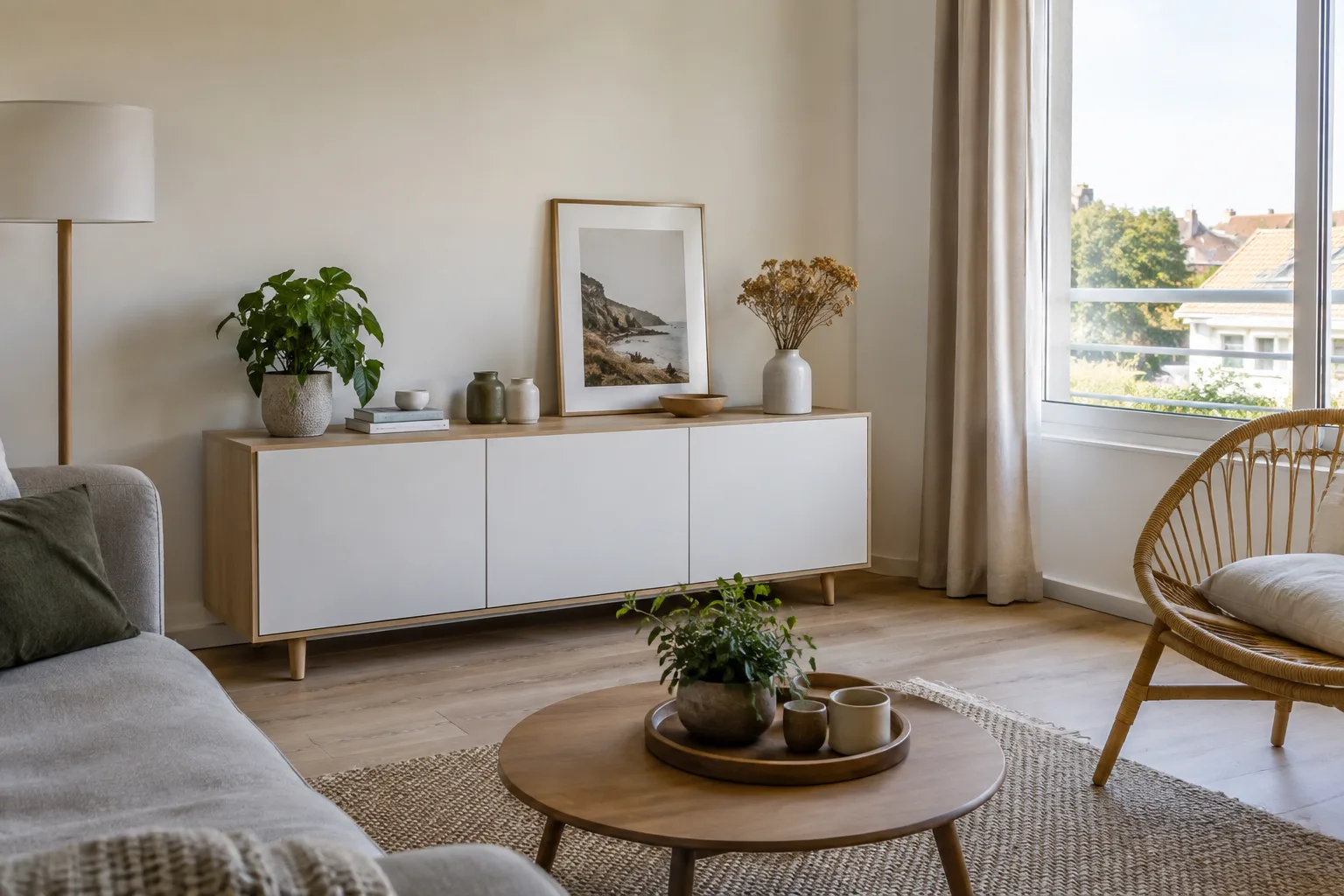 Un meuble bas longe un mur près d’une fenêtre dont le vitrage reste dégagé dans un petit séjour.